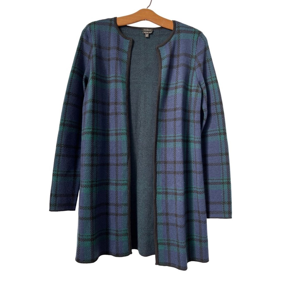 Talbots Black Watch Plaid Merino Cardigan Sweater Long Women XS Blue Green Black